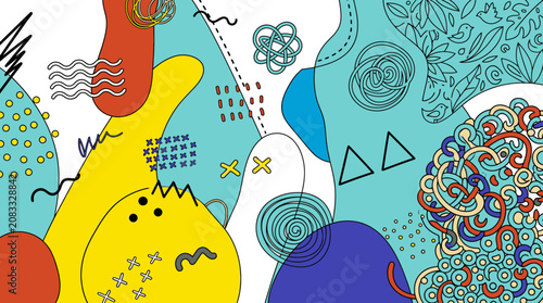 Abstrakter Hintergrund mit handgezeichneten bunten Formen, verspielten Kritzeleien und organischen Linien in einem modernen, künstlerischen Design für kreative Projekte.