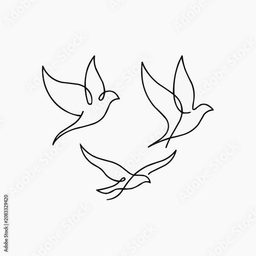 Simple line drawing of three birds in flight with elegant shapes  