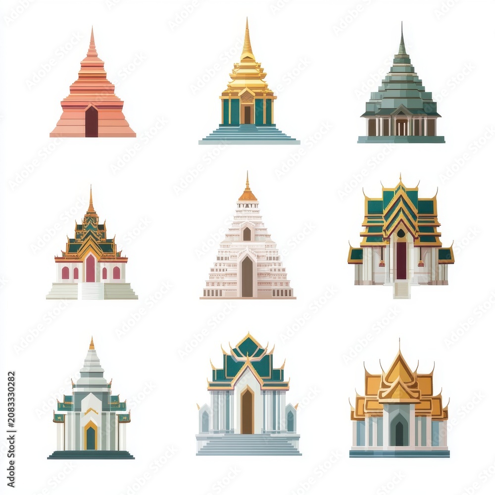 Fototapeta premium Colorful illustrations of nine iconic Thai temples, showcasing unique architectural styles and intricate designs.