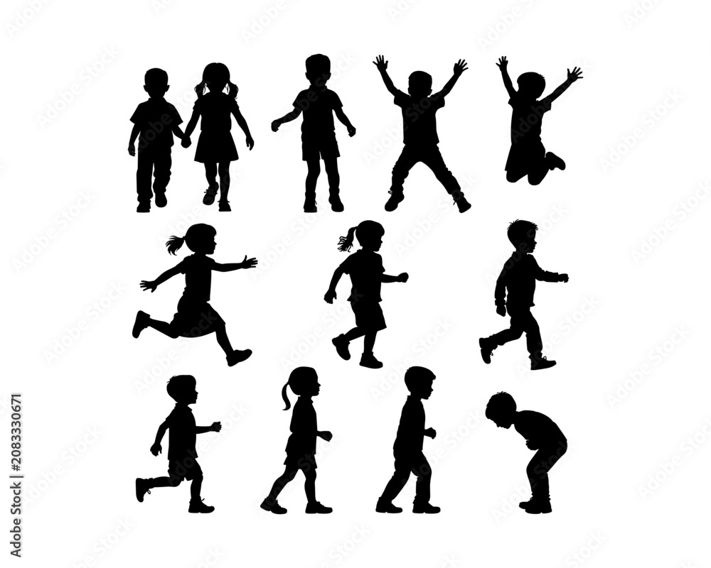 Obraz premium Children silhouettes set, active kids playing and running in various poses