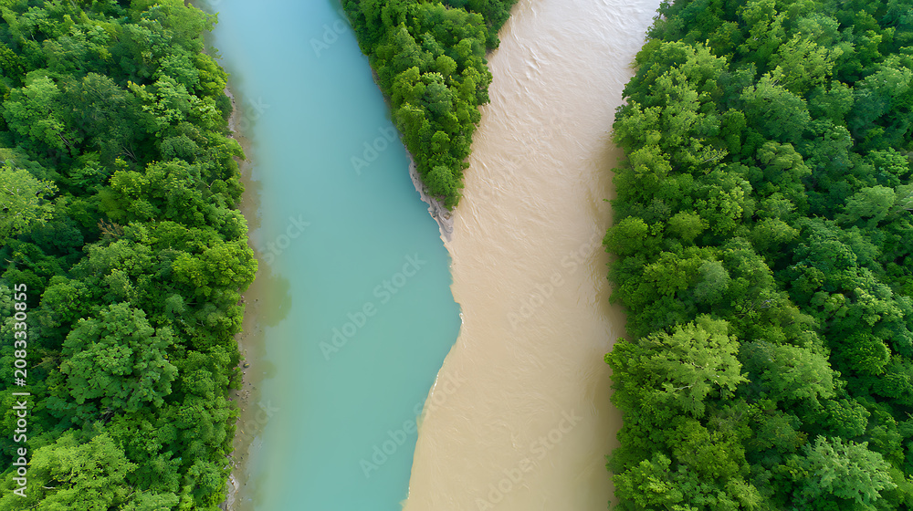 Naklejka premium Stunning aerial view above two rivers converge, one with clear turquoise water and the other with muddy brown flow, surrounded by lush green forest