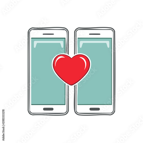 Two smartphones with red heart symbol vector illustration