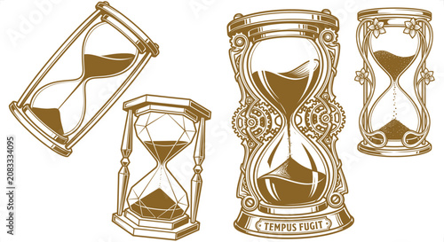 Canvas Print Antique hourglasses with golden sand flowing during concept of time passing vect