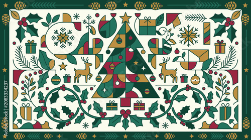 Illustrazione vettoriale piatta di Natale con albero decorato, renne, regali, agrifoglio e fiocchi di neve in uno stile geometrico moderno con una tavolozza di colori festivi classici.