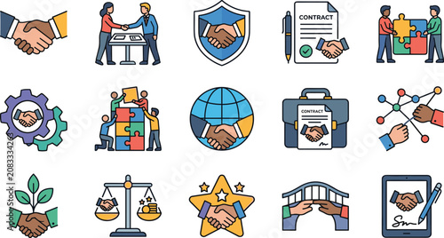 Colorful handshake business icons collection