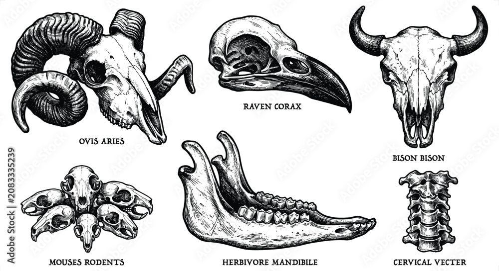 Fototapeta premium Assorted Animal Skulls and Vertebrae in a Monochrome Vector Illustration Style