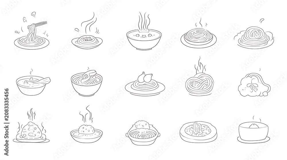 Fototapeta premium Hand Drawn Noodle and Pasta Icons Set Line Art Collection