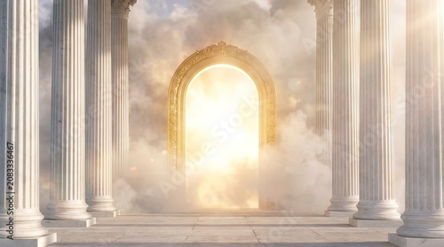 Glowing Divine Archway with Classical Columns and Light, Spiritual Concept Background