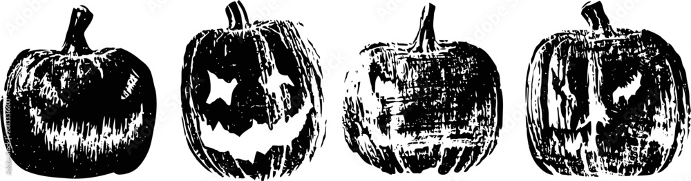 Obraz premium Vintage halloween pumpkin illustrations with carved faces in engraved woodcut