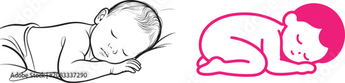 Photos Sleeping baby vector illustration set with black line art and pink icon of newbo