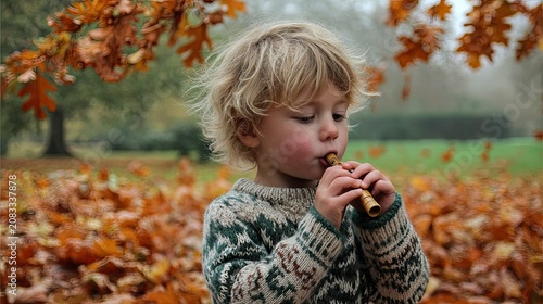 A young boy, approximately four years old, plays a wooden flute outdoors on a cloudy autumn day.