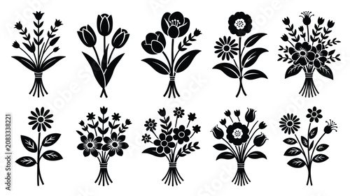 Set of black flower bouquet silhouettes vector illustration icons isolated on white background for decorative botanical graphic design elements projects