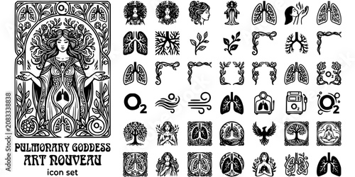 Bild auf Leinwand Pulmonary Goddess Art Nouveau Black White-Bronchial Vine Hair Border Oxygen-Lung