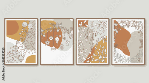 Set di quattro stampe artistiche da parete con illustrazioni natalizie astratte in stile minimalista, caratterizzate da forme organiche color ocra e motivi floreali lineari su sfondo neutro.