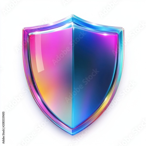 A vibrant, colorful shield icon featuring a glossy gradient of pink and blue hues, symbolizing protection and security.