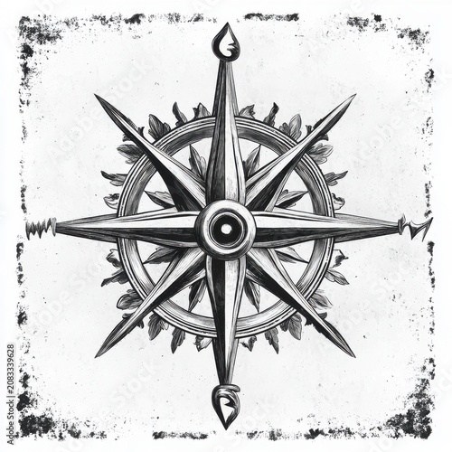 Intricate black and white illustration of a compass rose, showcasing detailed design elements and elegant symmetry.