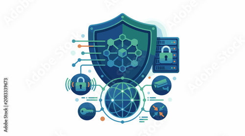 Digital security concept with shield network locks and surveillance