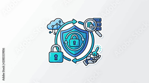 Digital security concept with shield padlock key and cloud
