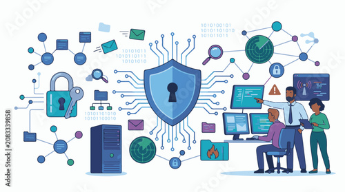 Digital security concept with shield padlock server and team