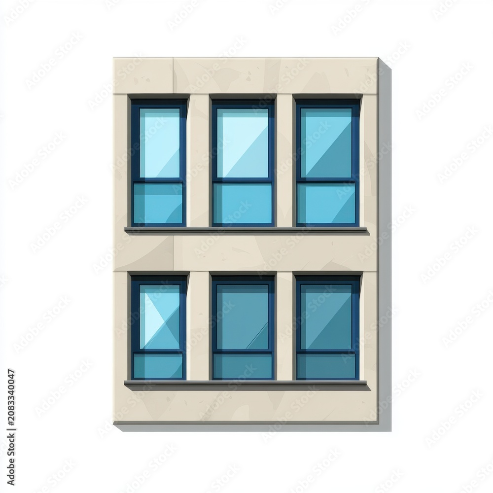 Obraz premium Modern building facade featuring four blue windows with geometric patterns.