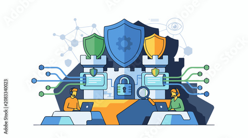 Digital security concept with cyber-fortress shields and people
