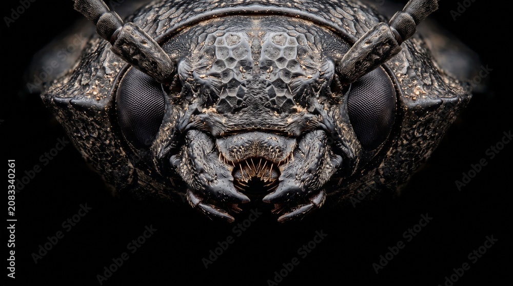 Fototapeta premium Creative Insect head, close-up, black background, detailed texture, macro photography 2k