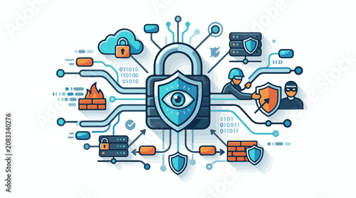 Digital security concept with firewall hacker and data protection
