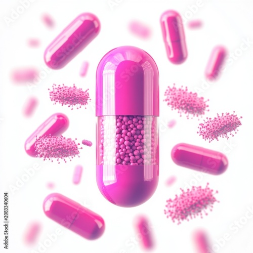 Vibrant pink capsule with colorful beads, surrounded by floating capsules, showcasing the essence of pharmaceuticals.