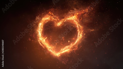 A vibrant, dynamic image depicts a fiery heart formed from swirling, intense orange and red flames.