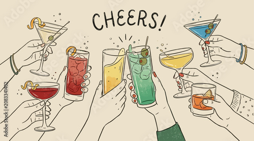 Vector illustration of diverse human hands raised in celebratory toast holding various colorful alcoholic and non-alcoholic cocktail glasses for festive party or holiday social gathering event.