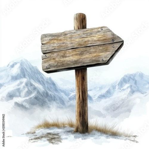A rustic wooden signpost stands in a snowy mountain landscape, guiding adventurers towards new destinations.