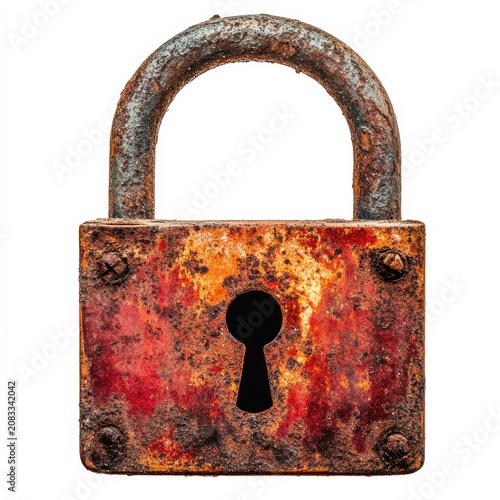 Rusty padlock with a weathered appearance and a dark keyhole, symbolizing security and secrecy.