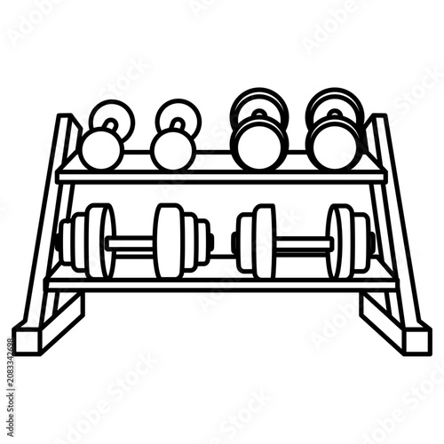 Dumbbell rack with weights on two levels outline illustration