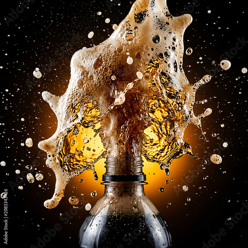 Soda Exploding and Splashing From Plastic Bottle, Cola Drink, Fizz