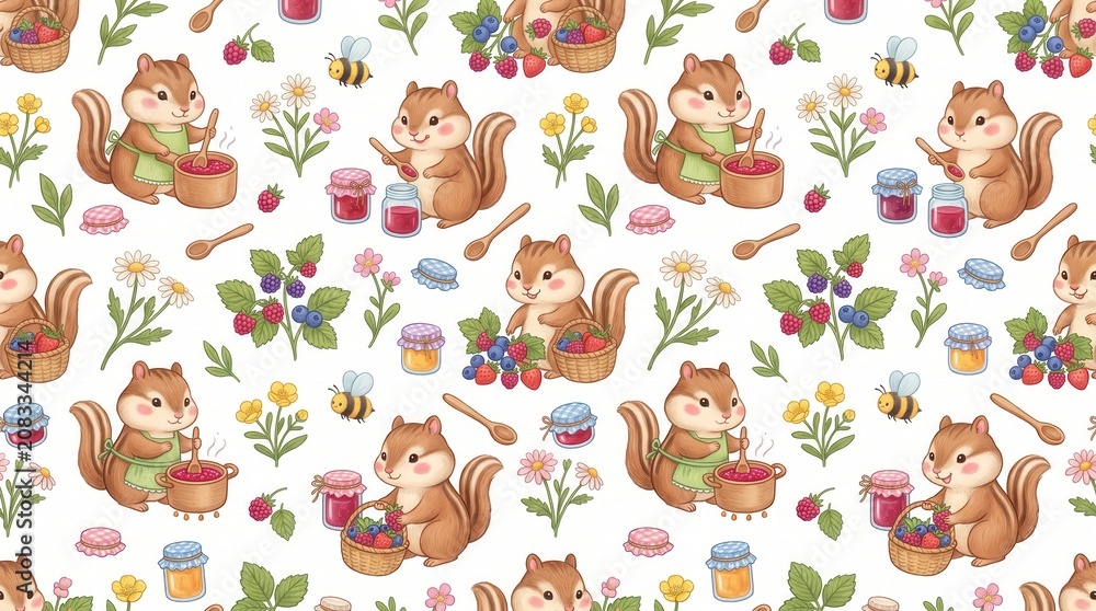 Obraz premium Chipmunks make jam, collect fruit near bees & flowers