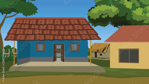 фотографія Rural settlement illustration highlighting a central blue house with a brown tiled veranda roof next to a yellow cottage and a distant thatched hut in an Indian village