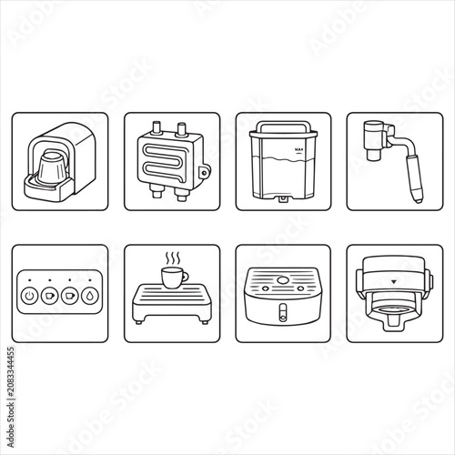 Coffee Machine and Brewer Line Icons Set, Flat Design