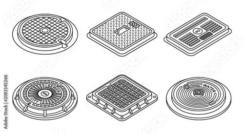 Line art vector illustration of various utility access covers