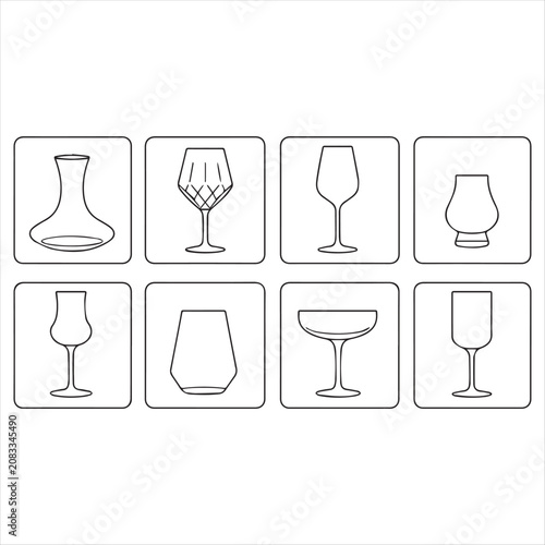 Line Art Wine Glass Illustrations Set, Flat Design
