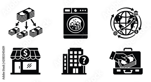 Flat Vector Icons Money Laundry Globe Store Building Briefcase
