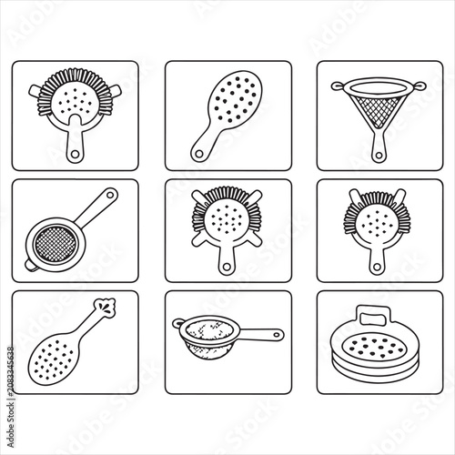Kitchen Utensil Icons Set, Black and White Line Drawings