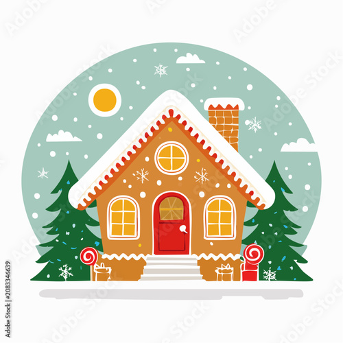 Flat design gingerbread house with Christmas trees and snow
