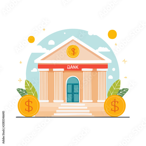 Flat illustration of a bank building with coins and dollar signs