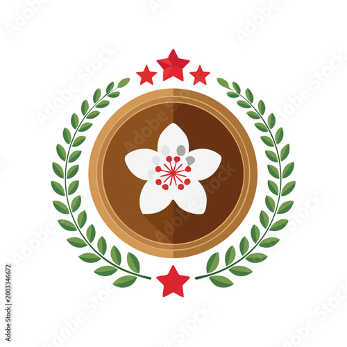 Flat illustration of a flower emblem with laurel wreath and stars