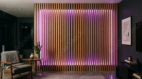 Tableau sur toile Modern Interior with Wood Slat Accent Wall and Purple LED Lighting