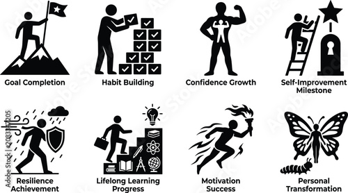 Cuadro en lienzo Set of personal development, self-improvement, and growth icons featuring habit