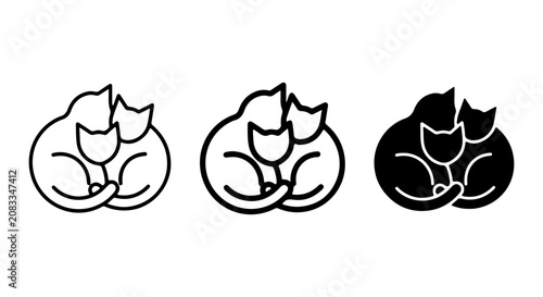 Vector Icons of Two Cats Cuddled Together, Simple Line Art & Silhouette Styles