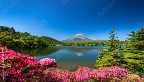 serene lake view with majestic mountain backdrop framed by lush green forest and vibrant azalea bloom under clear blue sky