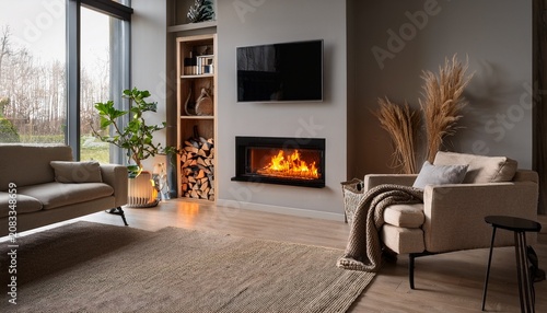 cozy burning fireplace in modern living room interior home warmth