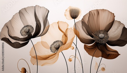 elegant floral triptych of translucent poppy flowers in black brown and beige tones against a neutral background artistic botanical design
